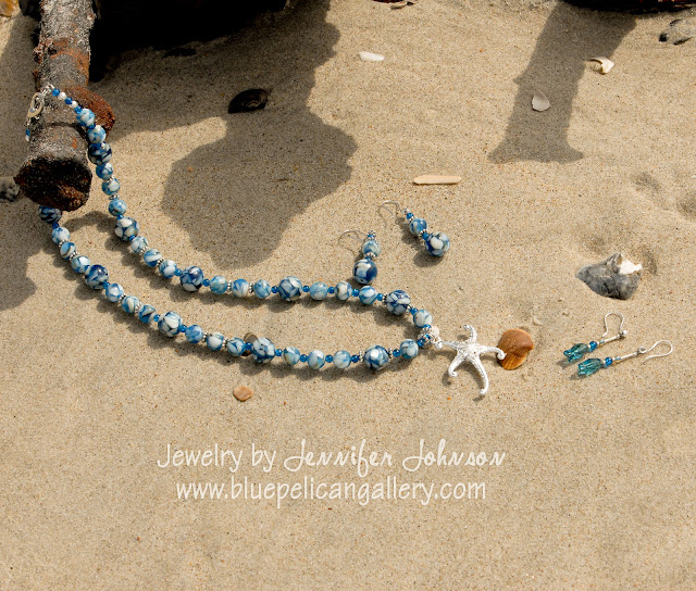 Blue and White Mother of Pearl and glass bead set with Silver Metal Starfish Swarovski Crystal Fish Earrings Handmade by Jennifer Johnson, Blue Pelican Gallery, Cape Hatteras, NC