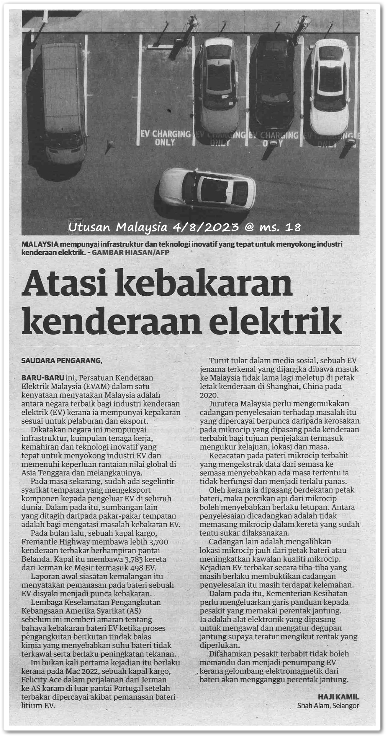 Atasi kebakaran kenderaan elektrik - Keratan akhbar Utusan Malaysia 4 Ogos 2023