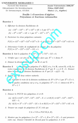 Exercices Algèbre 1: Polynomes et fractions rationnelles SMPC Fs oujda