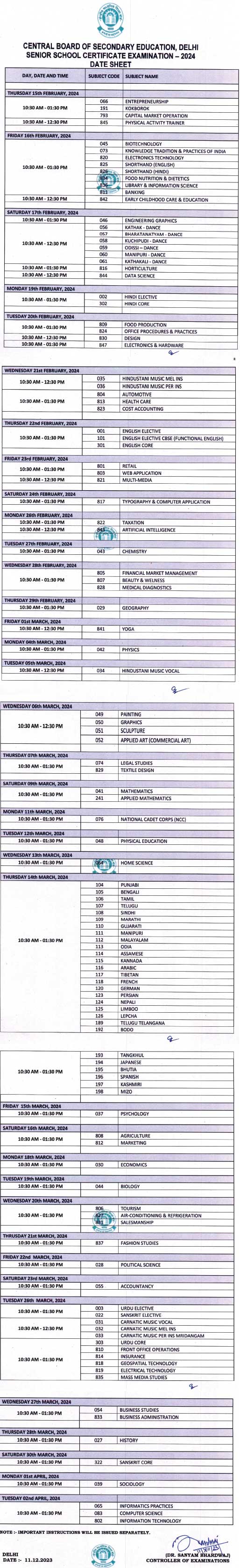 CBSE Class 12 Time Table 2024