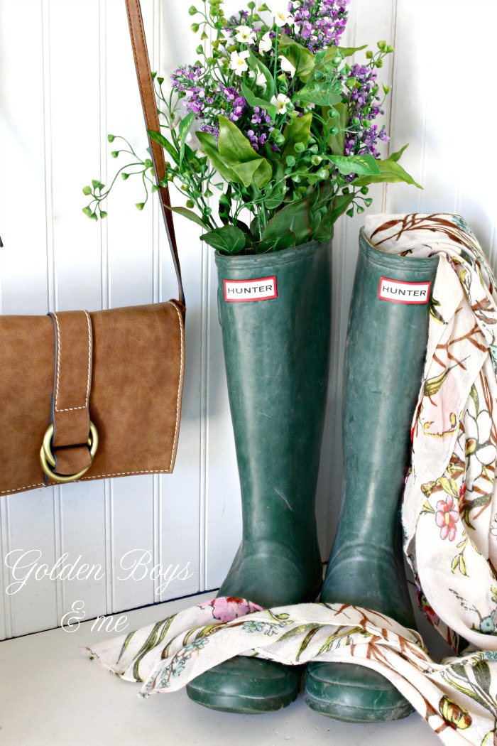 Green Hunter boots in spring mudroom - www.goldenboysandme.com