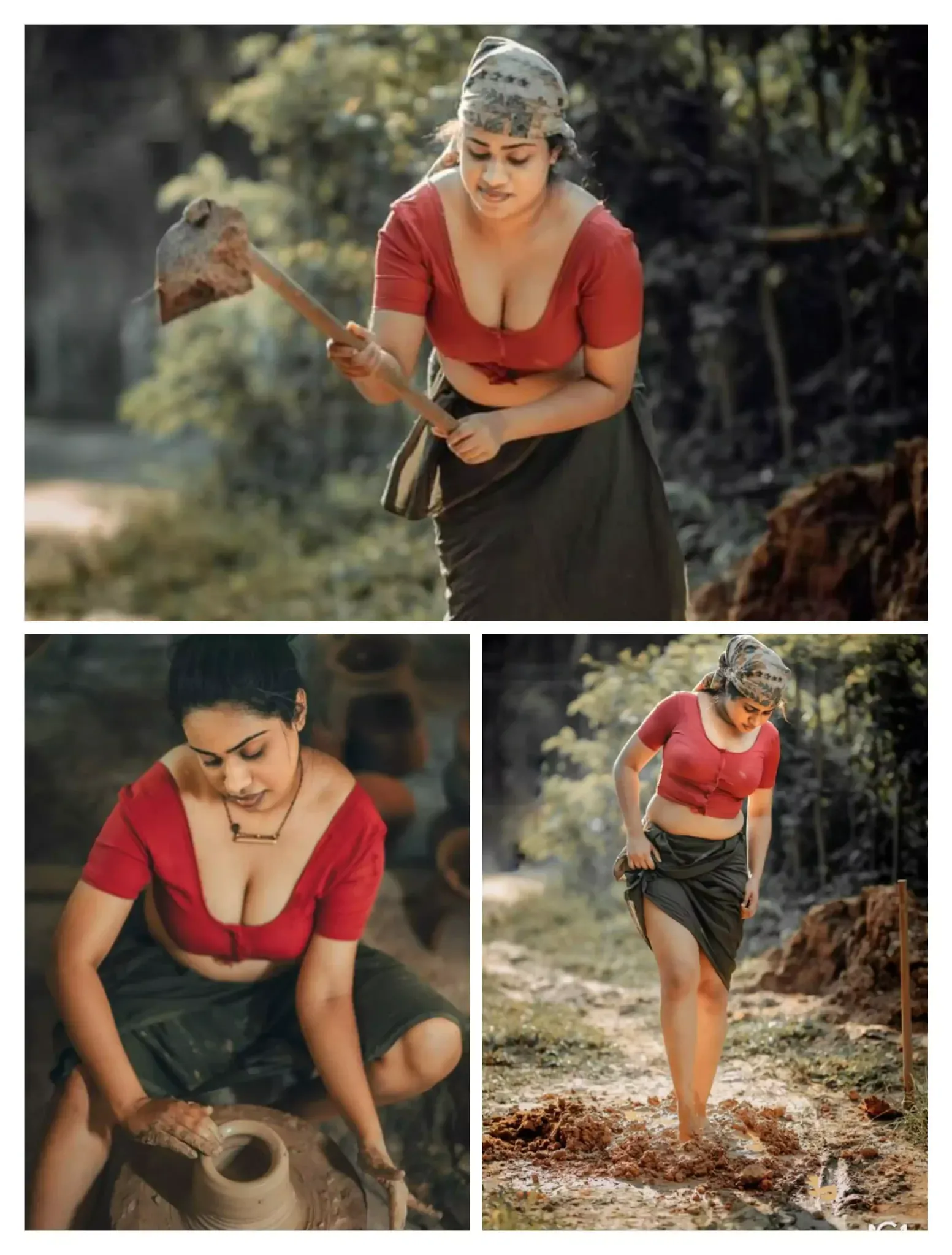 Hot village girl in red blouse with black lungi