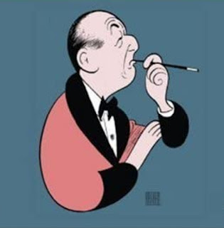 Noel Coward caricature wearing a dressing gown and handling a cigarette holder