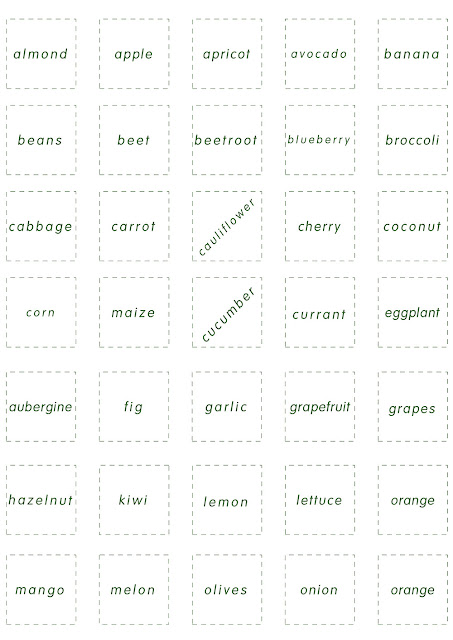 Fruits and vegetables vocabulary cards for the bingo game