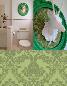 white deer mount green damask fabric bathroom decor