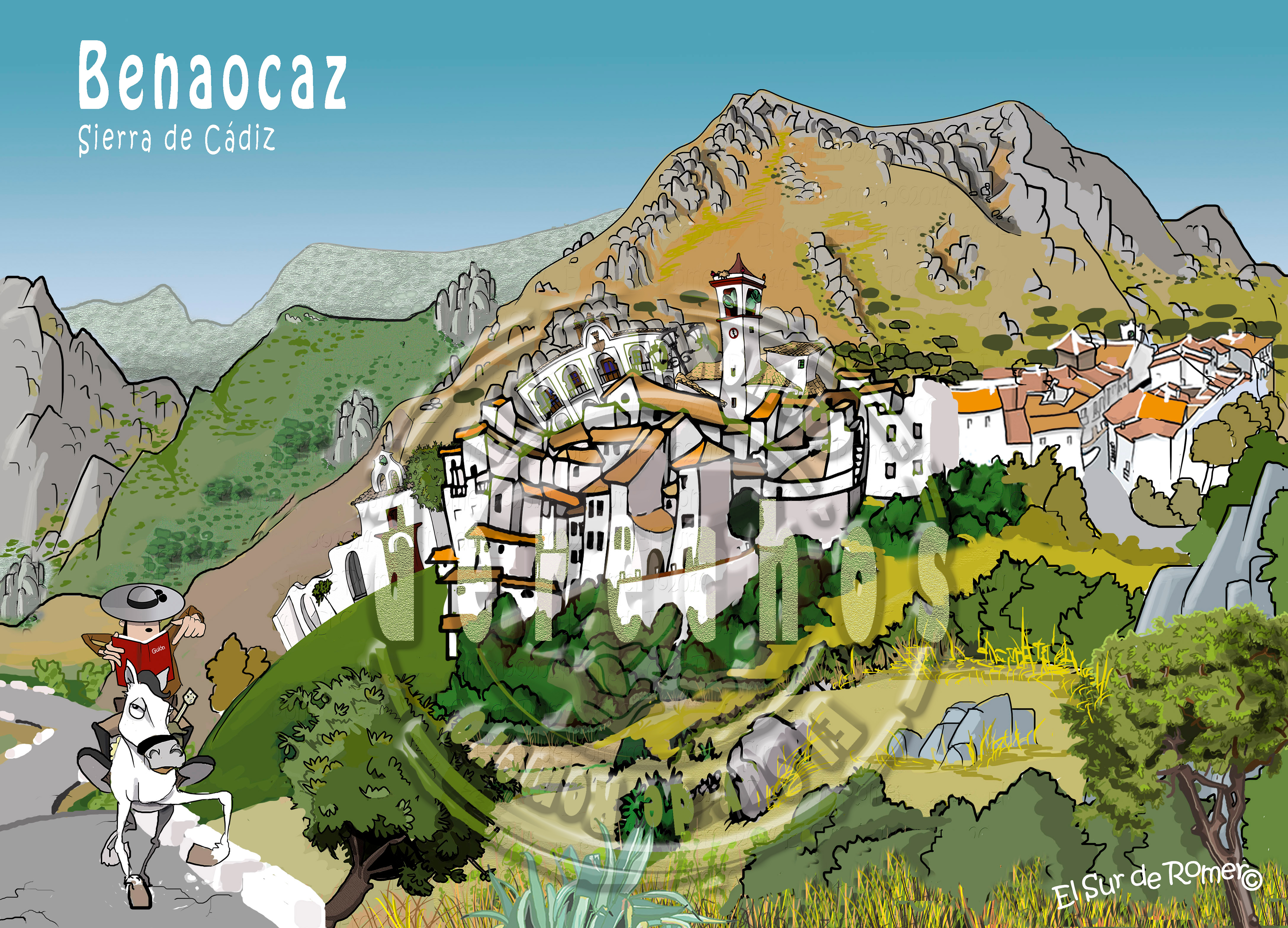 Benaocaz en dibujo, sierra de Cádiz.