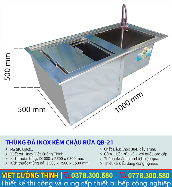 Kích thước tủ đá inox quầy bar, thùng chứa đá quầy bar QB-21 sản xuất Việt Cường Thịnh.