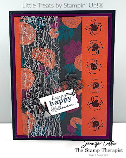 This Halloween card uses Stampin' Up!®'s Little Treats Bundle.  We also used the Magic in this Night Desgner Paper, Metallic Mesh Ribbon, Black Glitter Paper, and Black Glittered Organdy Ribbon.  Check out the blog for a video & supply list.  #StampTherapist #StampinUp