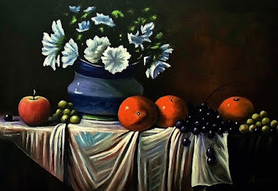 Fruits and Blue Vase with Flowers by Daniel Aragó