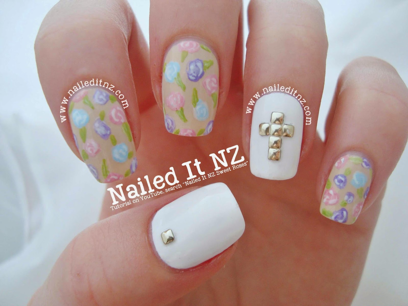 Sweet Roses Studded Cross Nail Art Tutorial