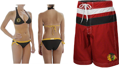 Calhoun Boston Bruins NHL Women's Logo Bikini / Chicago Blackhawks NHL Black Striped Swim Trunks 