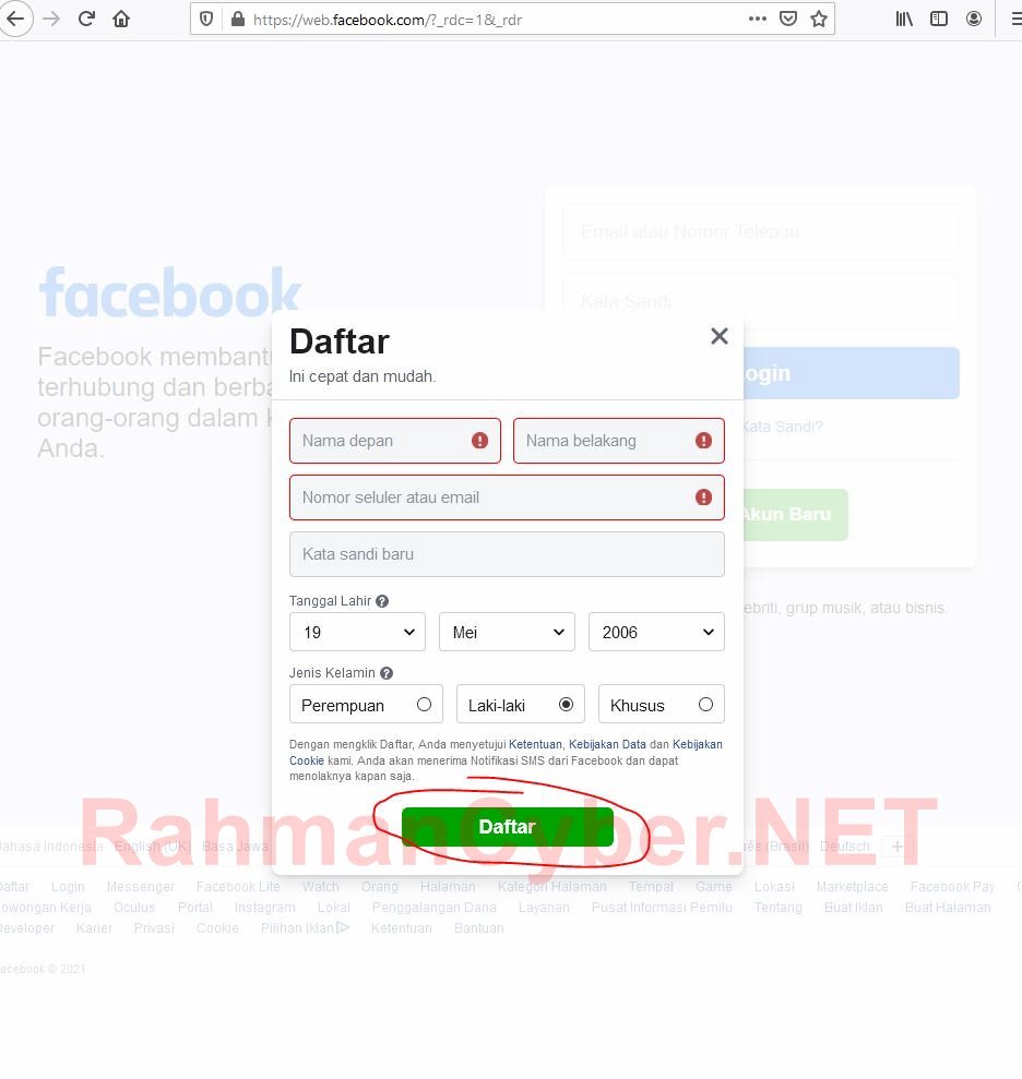 formulir daftar facebook