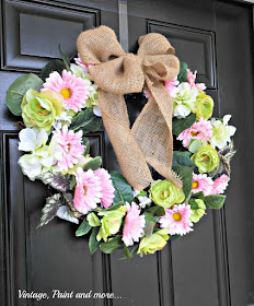 Vintage Paint and more.. Spring wreath DIY'd with faux flowers, grapevine wreath and burlap ribbon