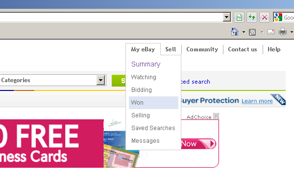 eBay - раздел выигранных лотов