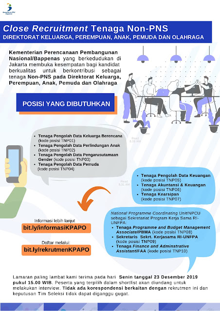 Lowongan Kerja Tenaga Non PNS Kementerian Perencanaan Pembangunan Nasional/Bappenas Deadline 23 Desember 2019