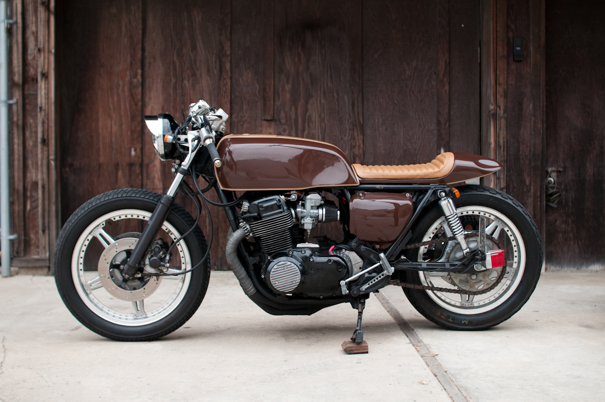 Cling on for dear life 70 s Brown CB750 Caf  Racer 