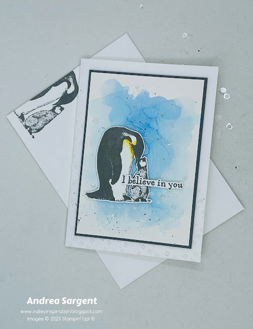 A watercoloured background with Basic Gray Sweet & Precious penguins creates a gorgeous scenic card and add some embossing paste for a little extra flourish.