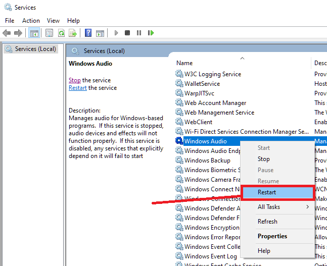 Screenshot showing Windows audio service right click menu with Restart highlighted