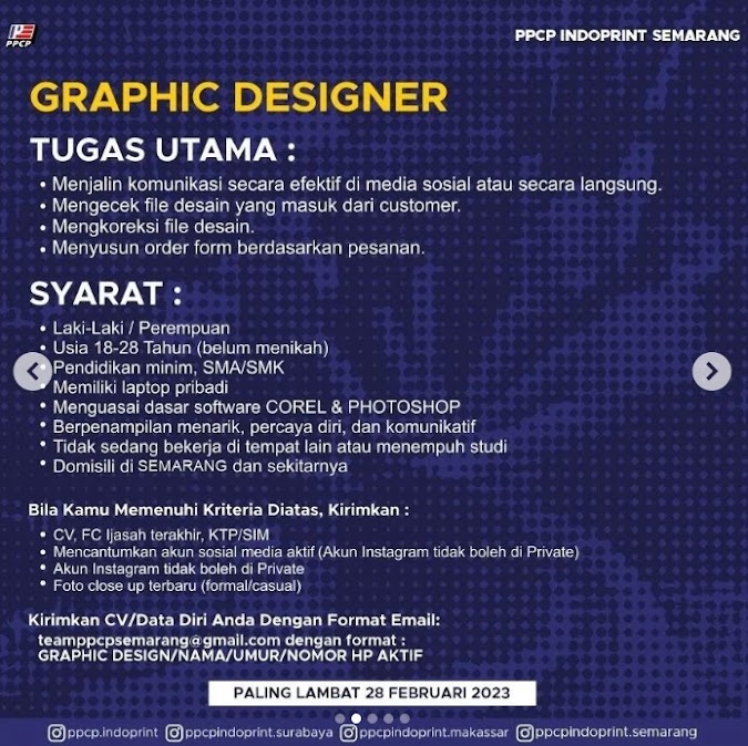 LOWONGAN KERJA SEMARANG DESIGNER GRAFIS CUSTIMER SERVICE 12 FEBRUARI 2023