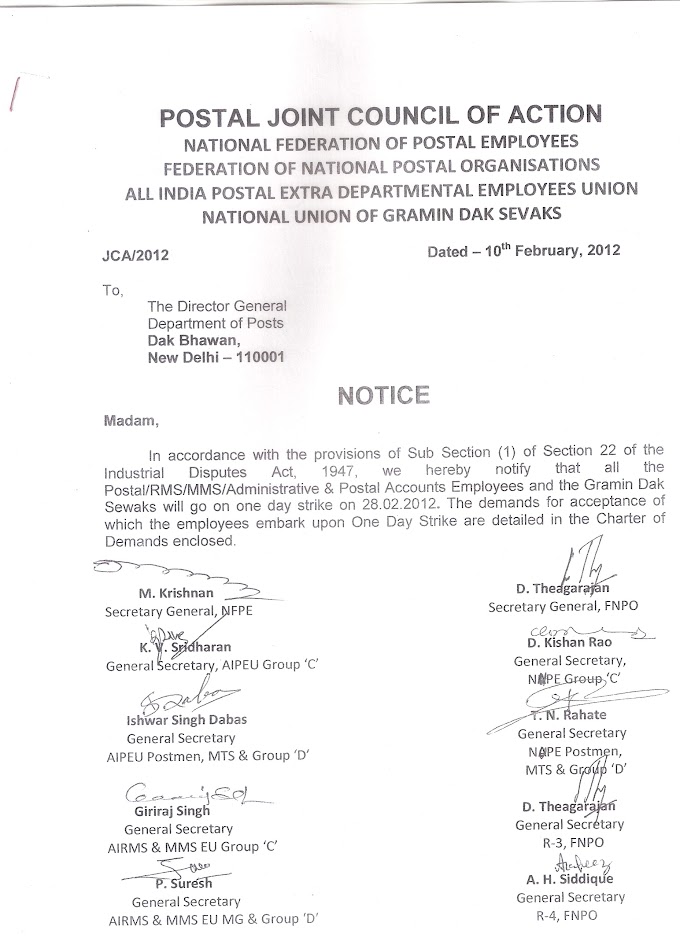 POSTAL JCA SERVED STRIKE NOTICE ON 10-02-2012