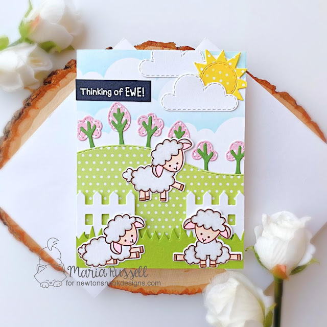 Thinking of Ewe card by Maria Russell | Baa Stamp Set, Land Borders Die Set, Fence Die Set and Sky Scene Builder Die Set by Newton's Nook Designs #newtonsnook #handmade