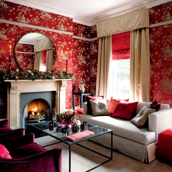 wallpaper room. Red Family Room