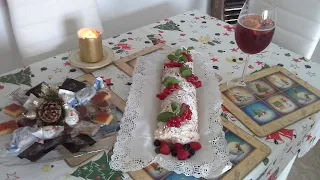 my new year dessert a meringue roll with fruit and cream filling