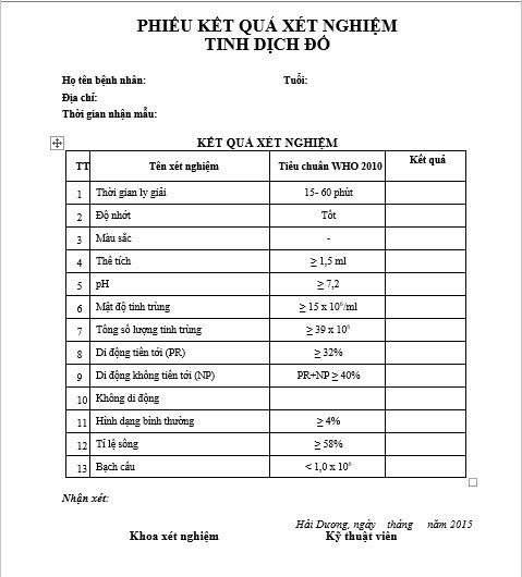 phiếu trả kết quả tinh dịch đồ