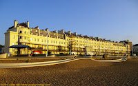 Victorian Waterloo Crescent Grade II Listed Building. Marine Parade. DHB's Harbour House. Best Western Dover Marina Hotel and Spa, ex-Churchill Hotel, White Cliffs Hotel (Eisenhower and Churchill in WW2), part of ex-Shalimar Hotel right. Royal Cinque Ports Yacht Club.