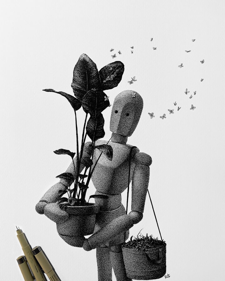 11-A-pot-of-plants-present-Stippling-Dotwork-Drawings-Rostislaw-Tsarenko-www-designstack-co