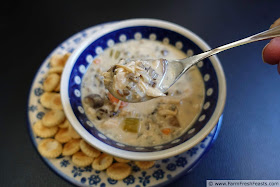 photo of a bowl of chicken & wild rice soup on a plate with a pile of oyster crackers (no oysters were harmed in the making of the crackers)
