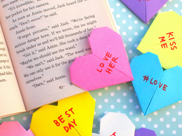 origami conversation heart corner bookmarks- great valentine's day craft for kids