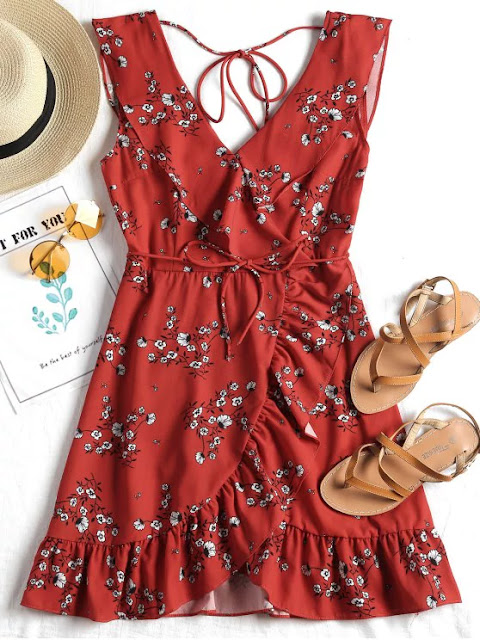 Plunging Neck Ruffled Belted Floral Dress - Red S