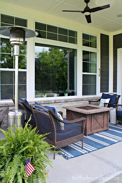 Covered patio with large windows