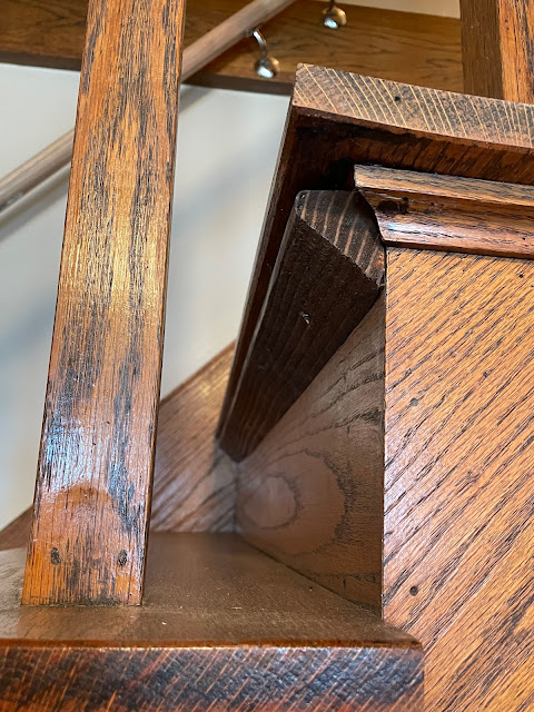 oak craftsman stairs with support under treads Grafton Illinois coffee antiques shop Lightkeepers Coffee 101 E Main St Sears Vallonia