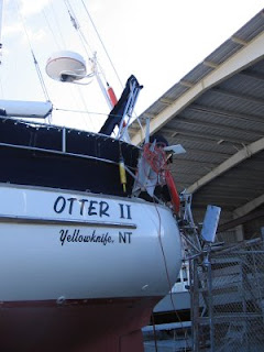 Stern of Otter II, a 1979 Valiant 40 centerboard model, showing windvane self-steering mechanism and radar antenna