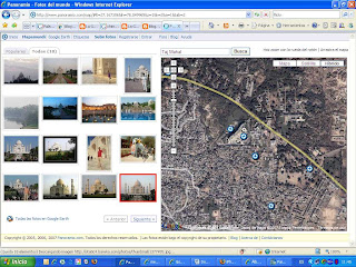 La imagen muestra el proyecto de Google Panoramio con mapa y fotos del Taj Mahal (Map,Photos, Pictures of Taj Mahal