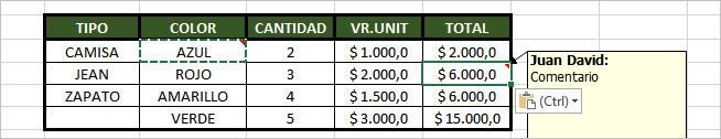 Pegado Especial Comentario en Excel