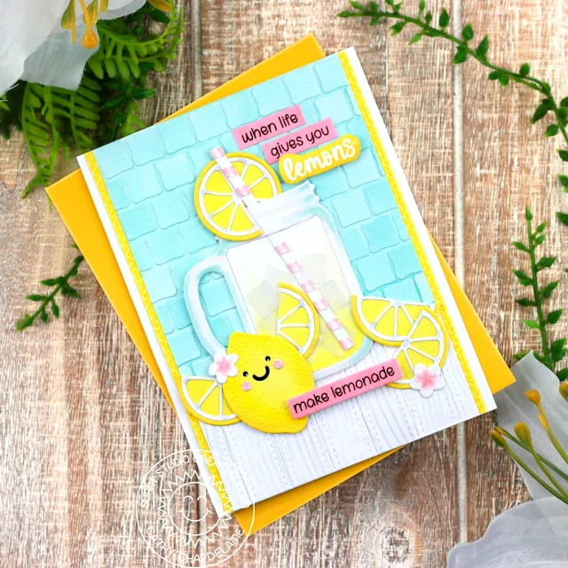 Sunny Studio Stamps: Fresh Lemon Card by Cathy Chapdelaine (featuring Punny Fruit Greetings, Summer Jar Mug Dies, Ribbon & Lace Border Dies, Stitched Rectangles Dies)