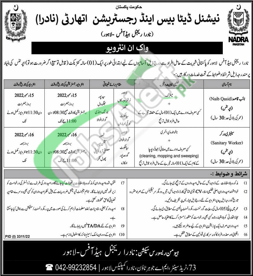 NADRA Jobs 2022 in Lahore National Database and Registration Authority