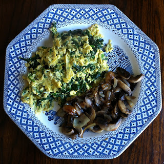 Wheat Free Breakfast scarmbled eggs with spinach and mushrooms