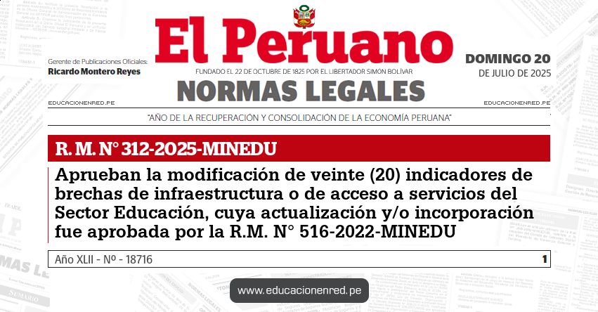 R. M. N° 312-2025-MINEDU.- Aprueban la modificación de veinte (20) indicadores de brechas de infraestructura o de acceso a servicios del Sector Educación, cuya actualización y/o incorporación fue aprobada por la R.M. N° 516-2022-MINEDU R. M. N° 312-2025-MINEDU.- Aprueban la modificación de veinte (20) indicadores de brechas de infraestructura o de acceso a servicios del Sector Educación, cuya actualización y/o incorporación fue aprobada por la R.M. N° 516-2022-MINEDU