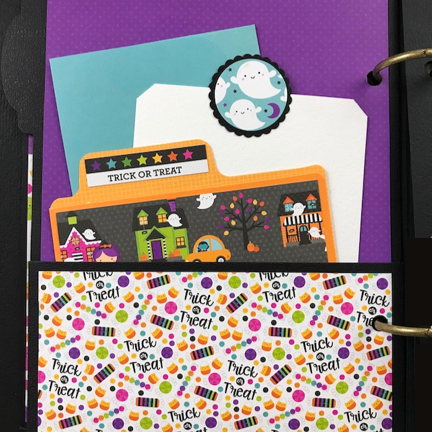 Halloween Booville Scrapbook Album Page with pocket and journaling cards