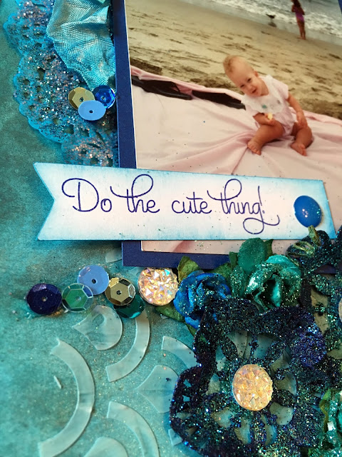 scrapbooking, scrapbook, custom, mixed media, ocean, beach, mermaid, sea, embossing, distress ink, crinkle ribbon, glitter, druzy, stamping, stenciling