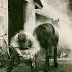 A farmer buring the hoof of a horse before shoeing it by William Reid 1921