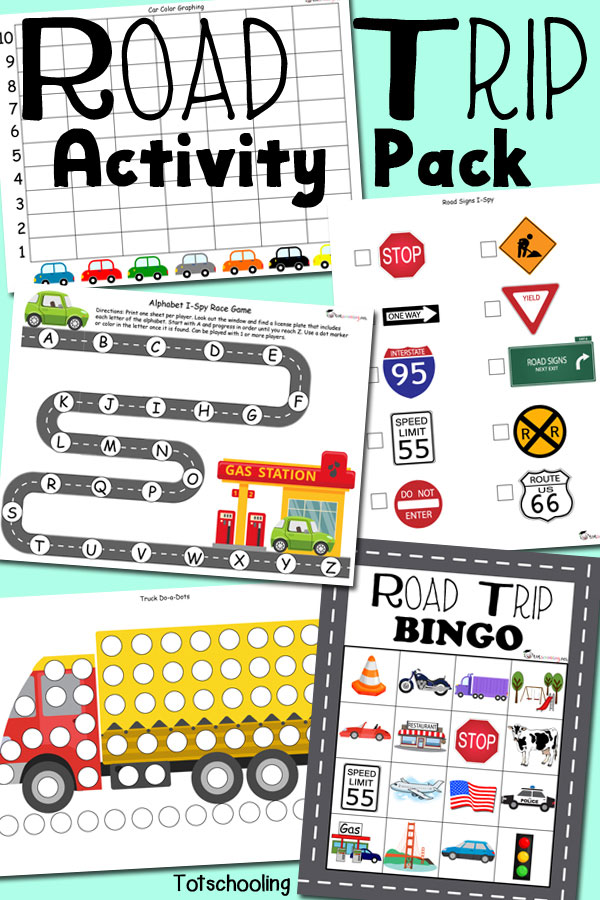 FREE printable Road Trip activity pack for traveling with kids. Featuring do-a-dot sheets, i-spy games, bingo, alphabet, drawing prompts, graphing and more!