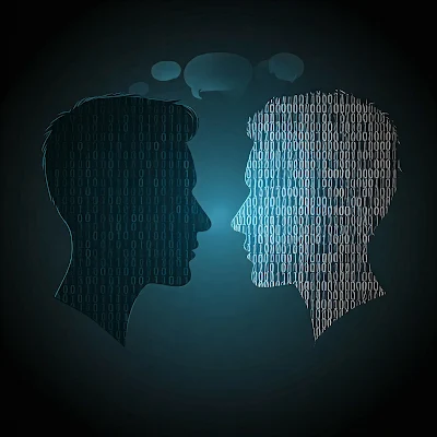 Ilustración digital elegante y minimalista que muestra dos siluetas de perfil enfrentadas: una claramente humana y otra que se desvanece en código binario. Entre ellas, hay burbujas de diálogo que se entrelazan, representando una conversación.