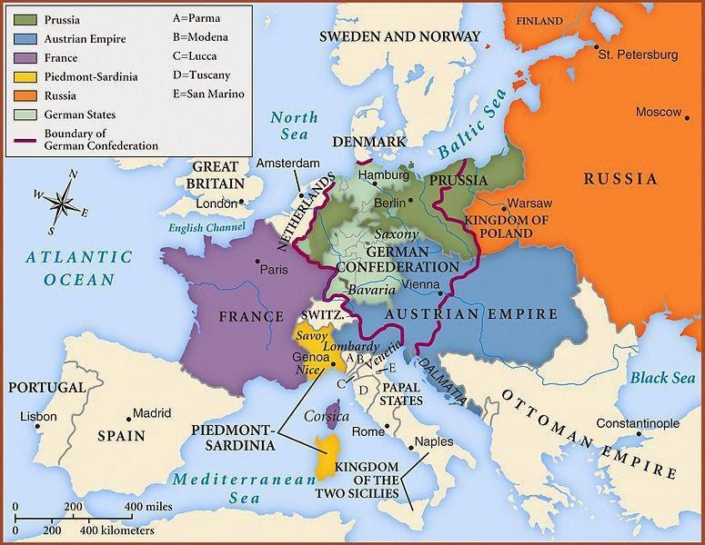 The national boundaries within Europe are set by the Congress of Vienna, 1815.