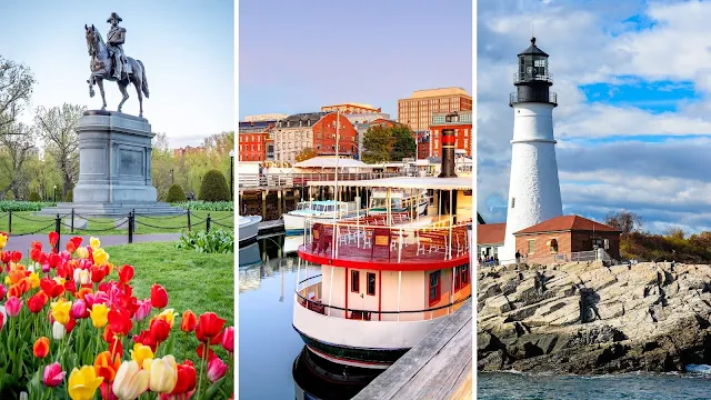 Vacation Ideas in the United States: Statue with flowers in Boston, Boats in Portland, Maine, and a New England Lighthouse