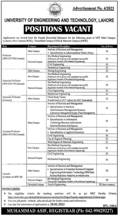 University Of Engineering and Technology Jobs Lahore